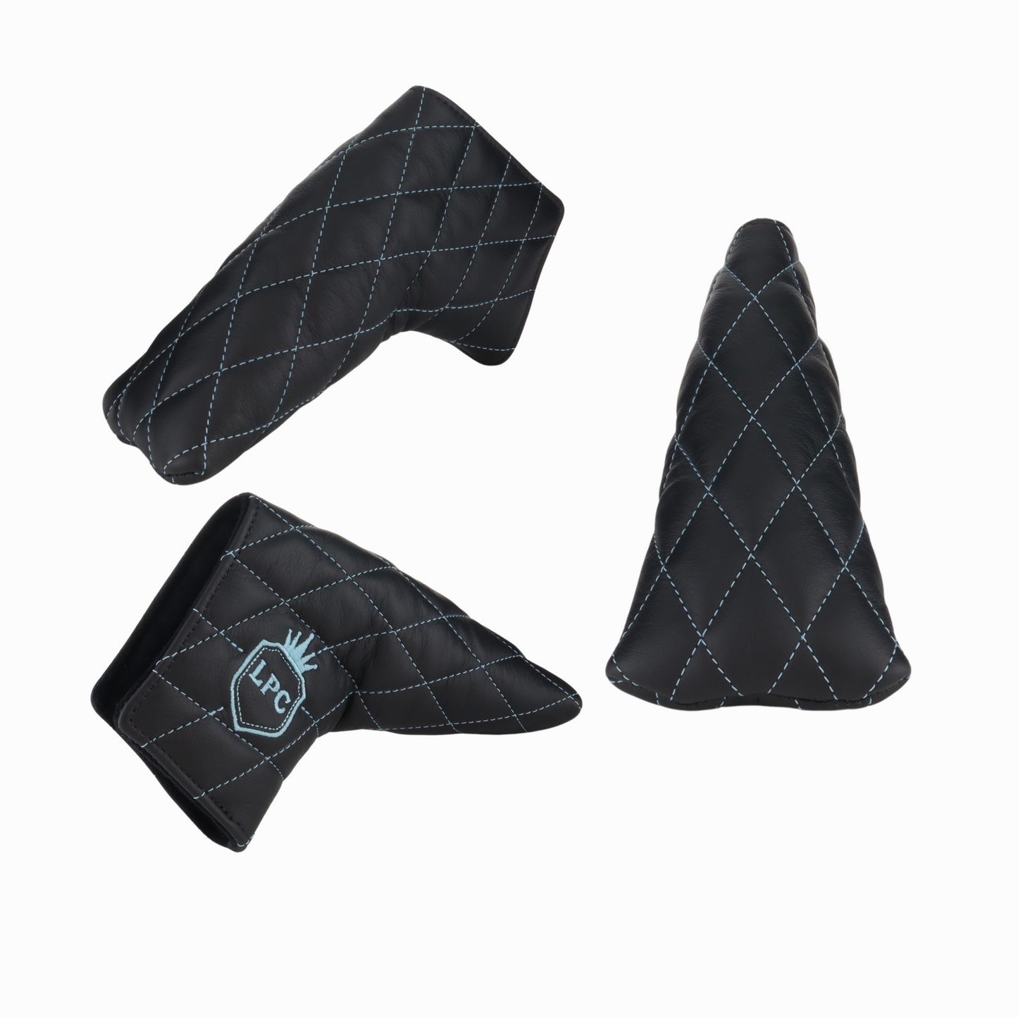 Smooth Charcoal Leather Quilted with Ice Blue Stitching